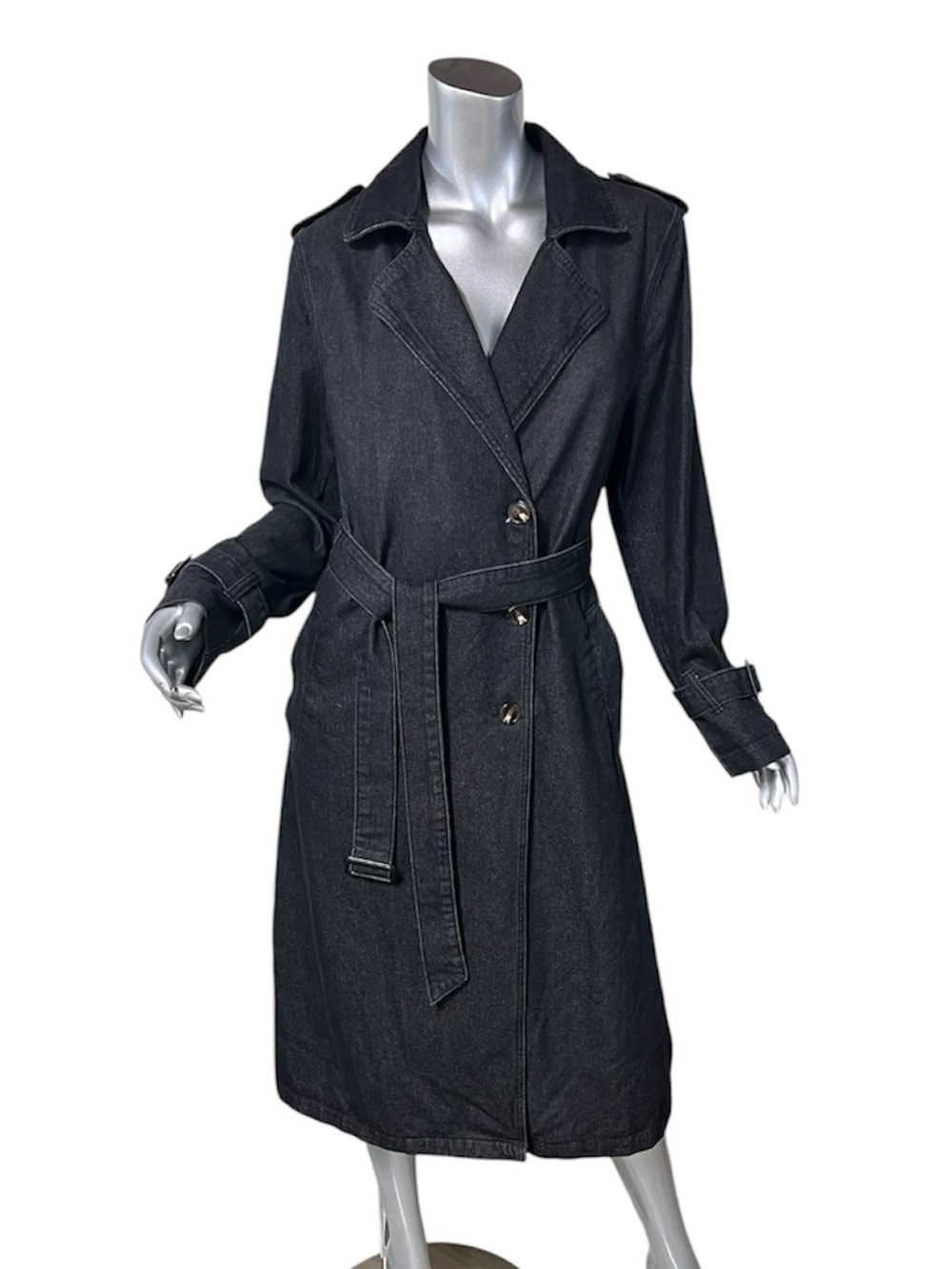 Women’s Medium Denim Black Trench Jean Jacket Button Belted Pockets NWOT